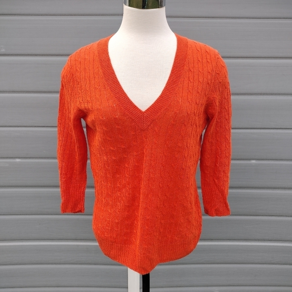 J CREW orange cable knit sweater V neck pullover size S 100% linen
